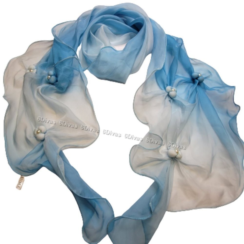 Blue Two Tone Gradient Color Fabric Tufted Rosette Rectangular scarf
